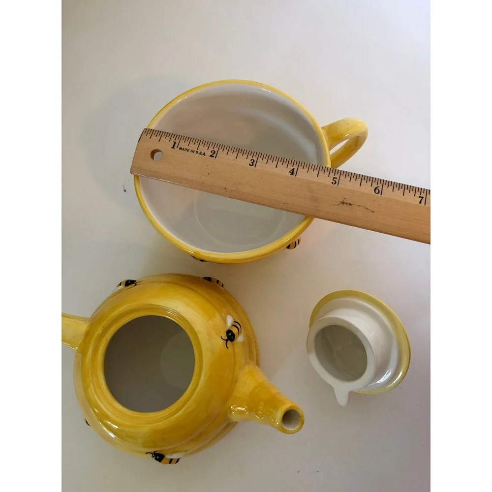 3 Piece Bee Bumblebee Hive Teapot Cup Set Country Cottagecore Yellow Floral Tea